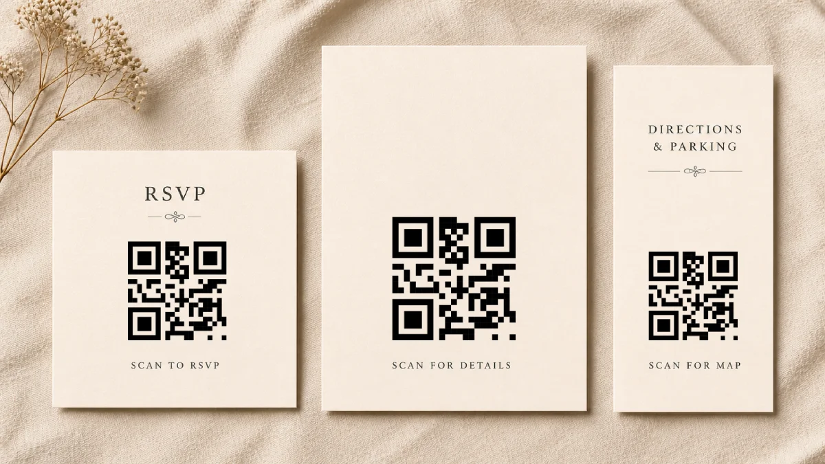 Comparison of QR Code placements on different invitation formats — RSVP card, back of main invite, and information insert