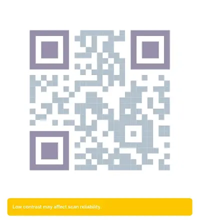 Low-contrast QR Code with a warning banner indicating that poor contrast may affect scan reliability