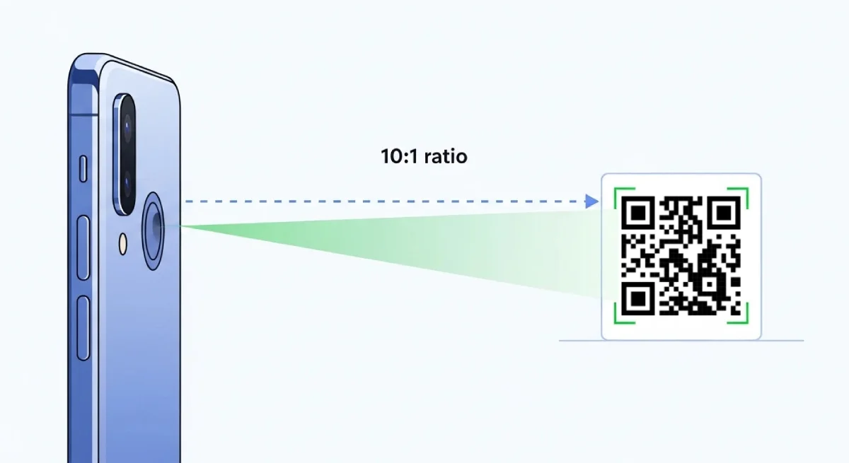 Diagram illustrating the 10:1 distance-to-size ratio for QR Codes at different scanning distances