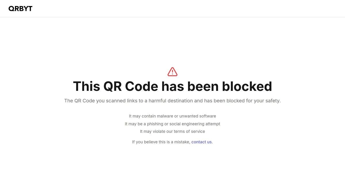 QRBYT warning page shown when a blocked QR Code is scanned
