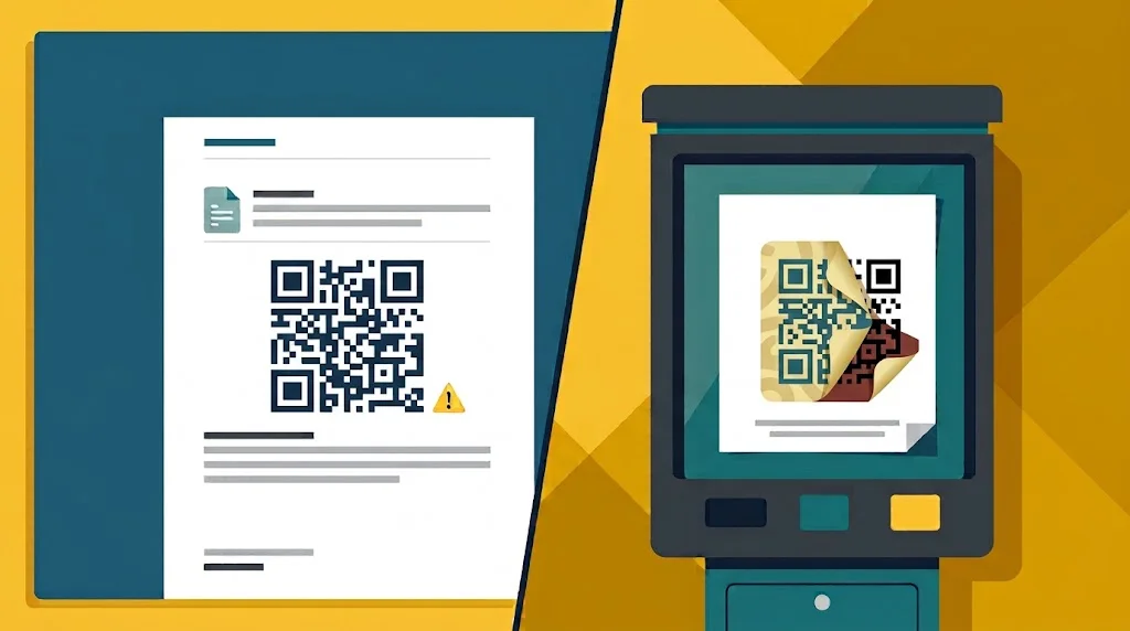 Illustration showing two quishing channels: a malicious QR Code delivered in an email-style document and a tampered QR Code sticker on a public kiosk.