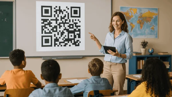 QR Code projected on a classroom screen with a teacher and students