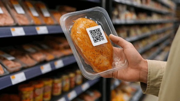 QR Code label on a packaged food product in a grocery store