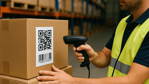 QR Code on a cardboard box being scanned in a warehouse