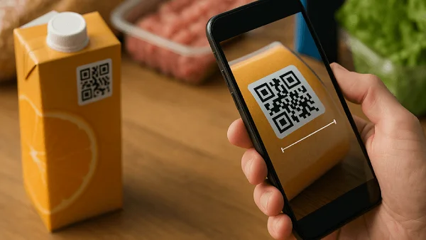QR Code printed on product packaging being scanned with a smartphone