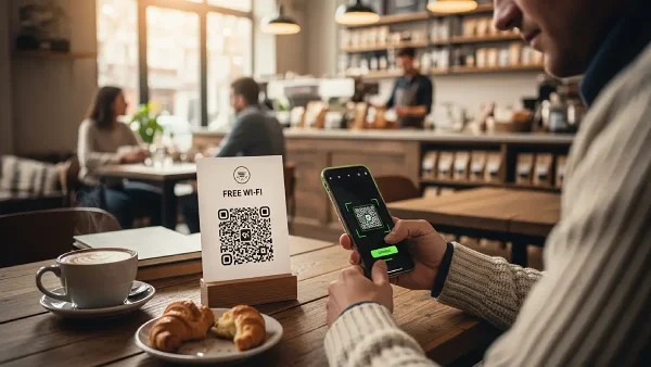 Wi-Fi QR Code on a table tent being scanned with a phone in a café