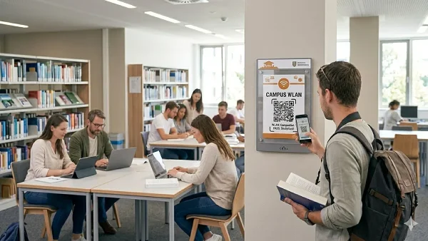 Wi-Fi QR Code poster on a library wall being scanned by a student
