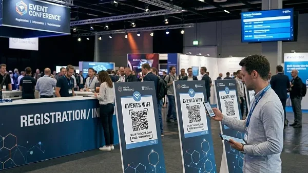Wi-Fi QR Code on standing signs at a conference registration area