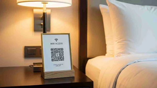 Wi-Fi QR Code in a frame on a hotel room bedside table